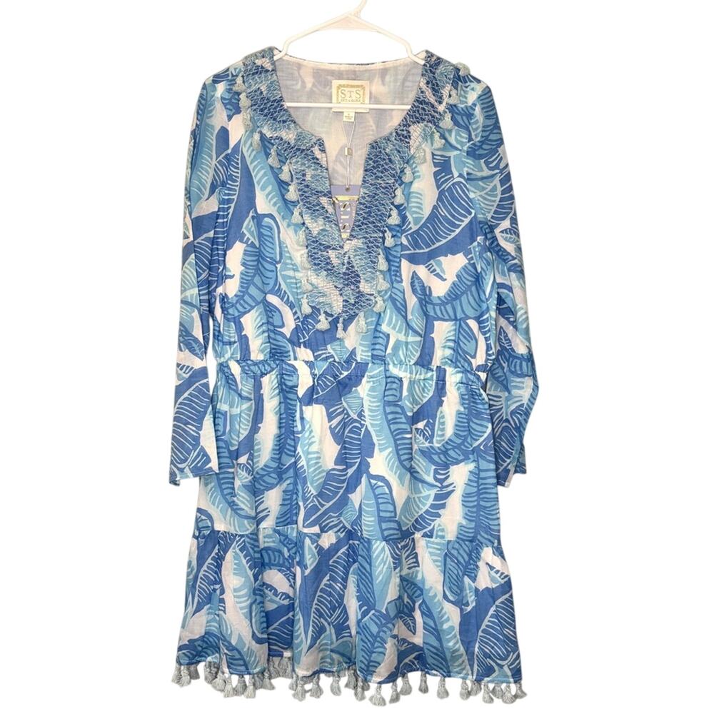 Sail to Sable NWT Blue Palm Print Tassel Trim Coastal Resort Cotton Dress L